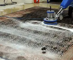 Professional rug cleaning with a rotary floor machine and shampoo foam, deep-cleaning an area rug, in Sacramento, CA.