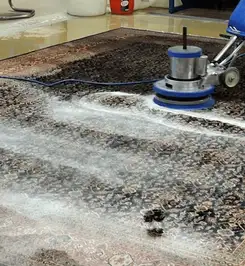 Professional rug cleaning with a rotary floor machine and shampoo foam, deep-cleaning an area rug Sacramento, CA.